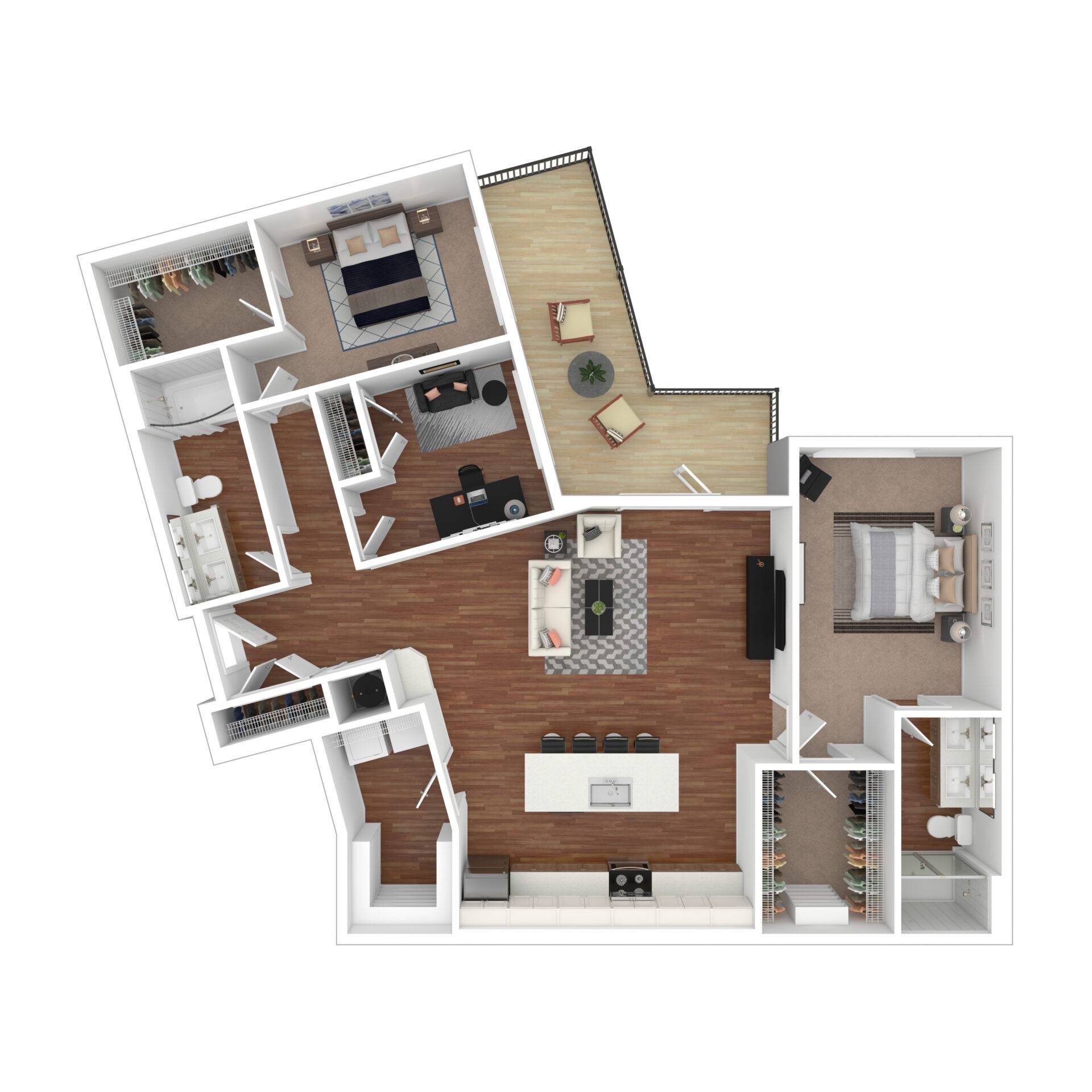 A modern room with a large, neatly made bed. 