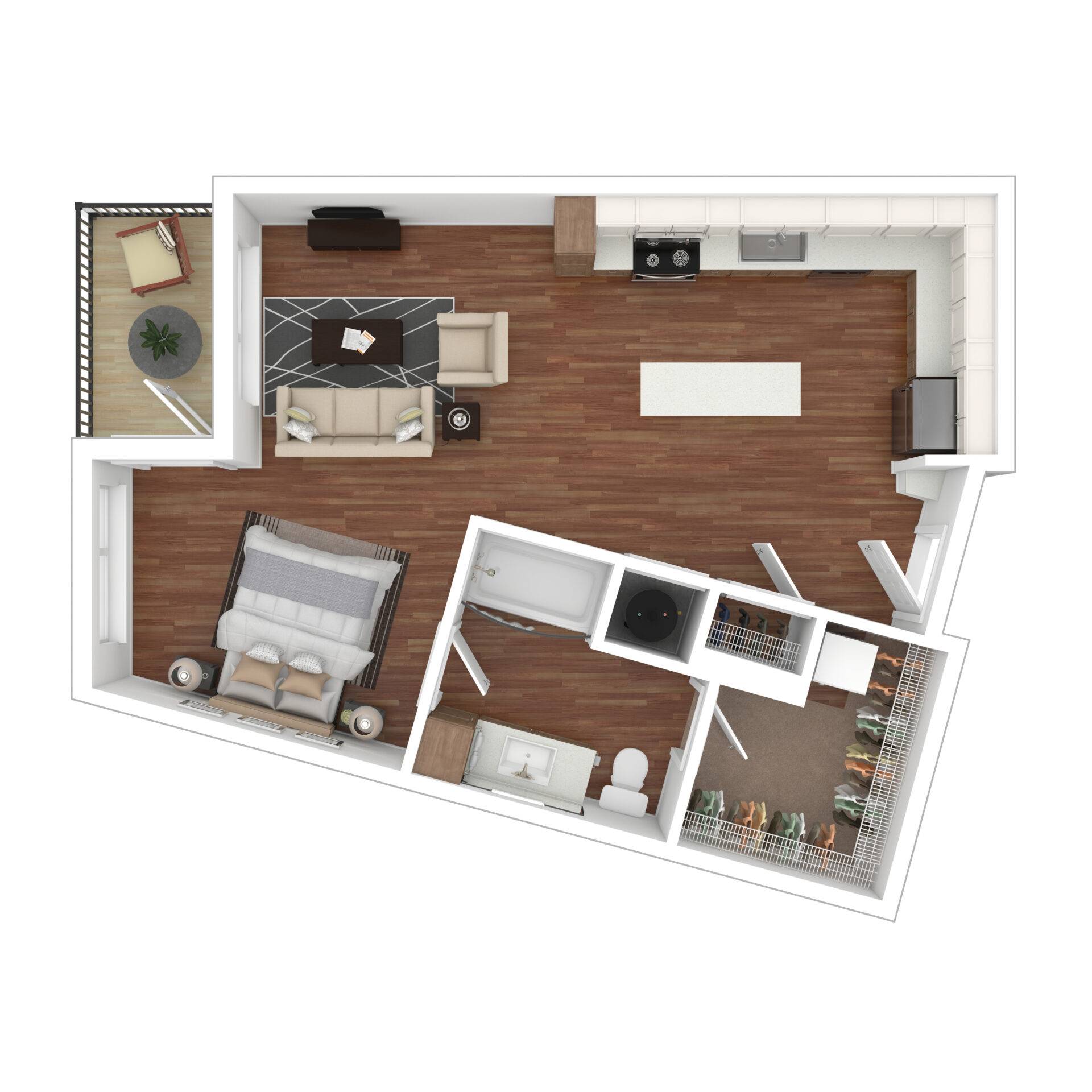 A neatly arranged bedroom with a double bed featuring a beige and gray striped bedspread and matching pillows.